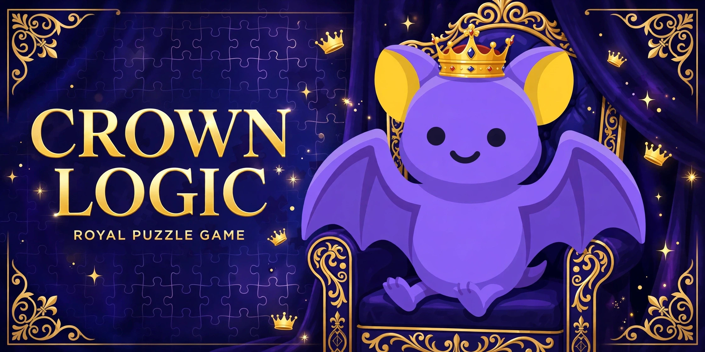 Pip the bat wearing a golden crown over a jewel-toned puzzle board