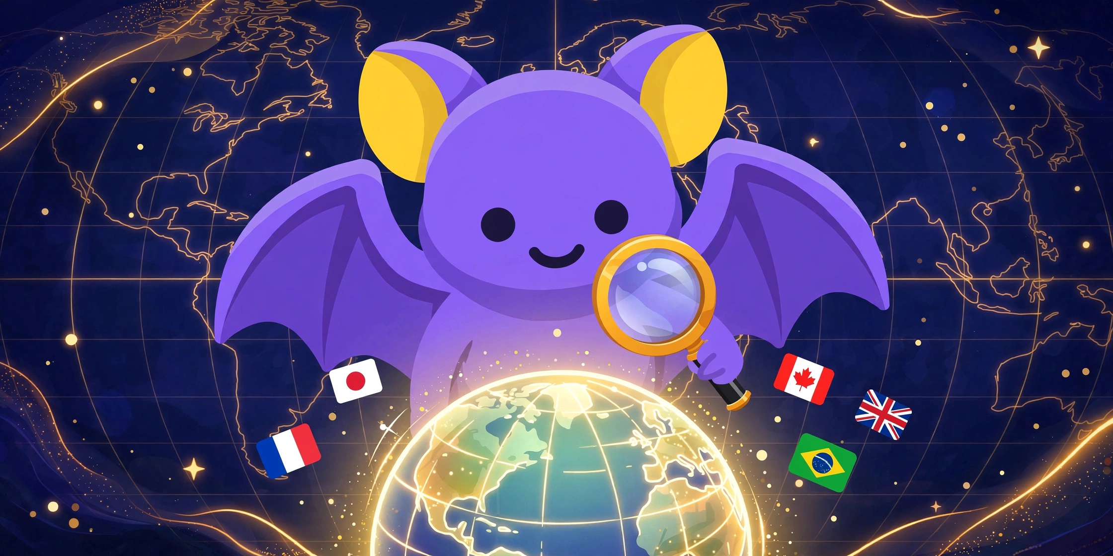 Pip the bat explorer with a magnifying glass over a night atlas