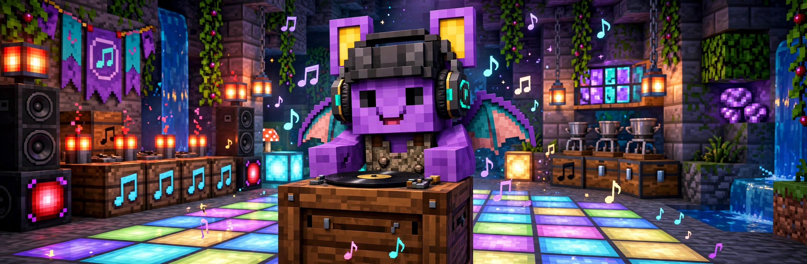 Pip the bat DJing with headphones at a Minecraft jukebox