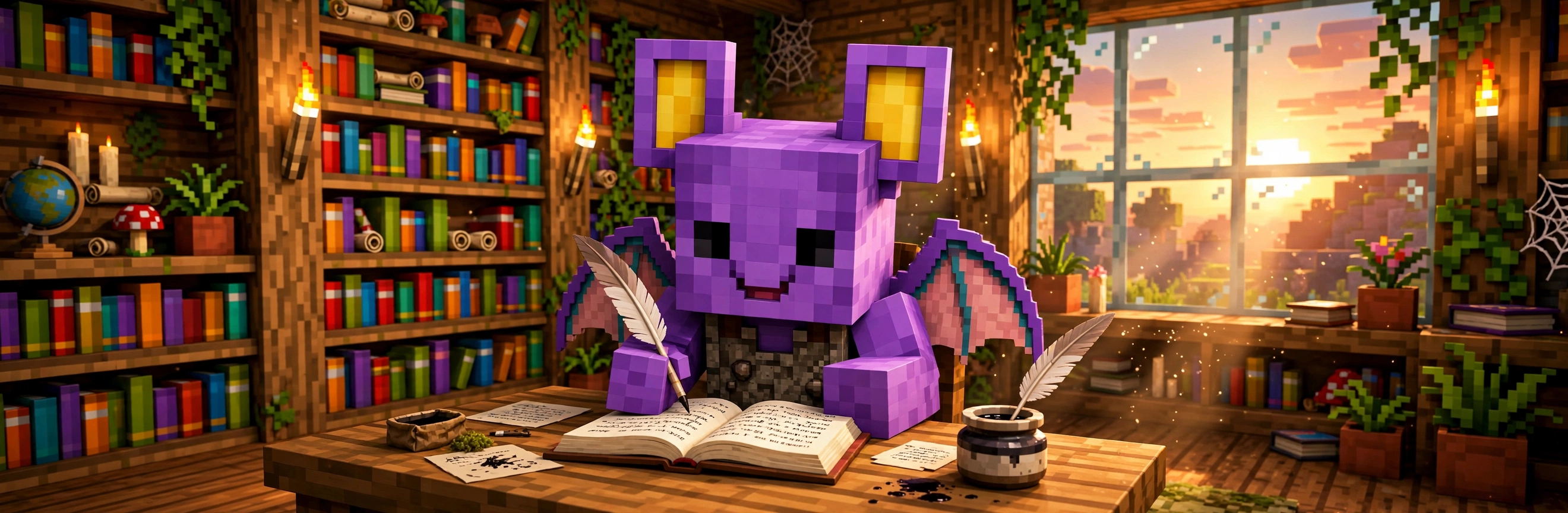 Pip the bat writing in a book with a quill in a Minecraft library