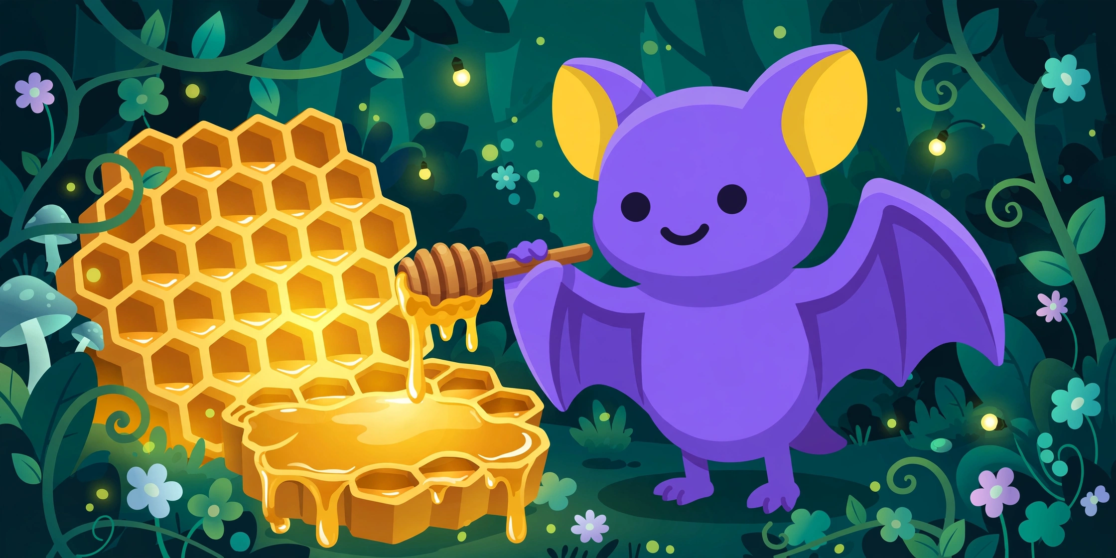 Pip the bat tending a glowing honeycomb garden