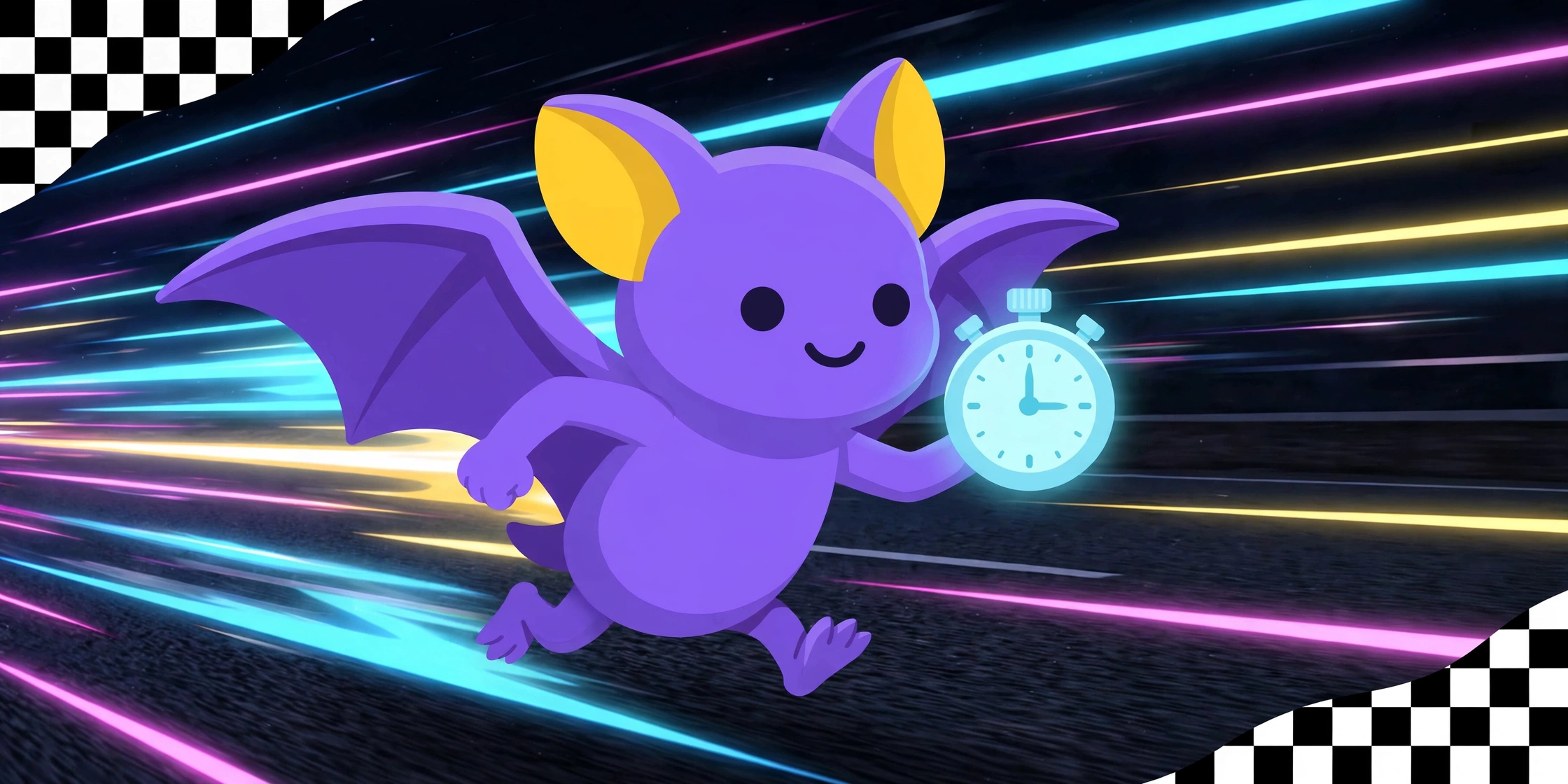 Pip the bat racing under neon lights on a night racetrack