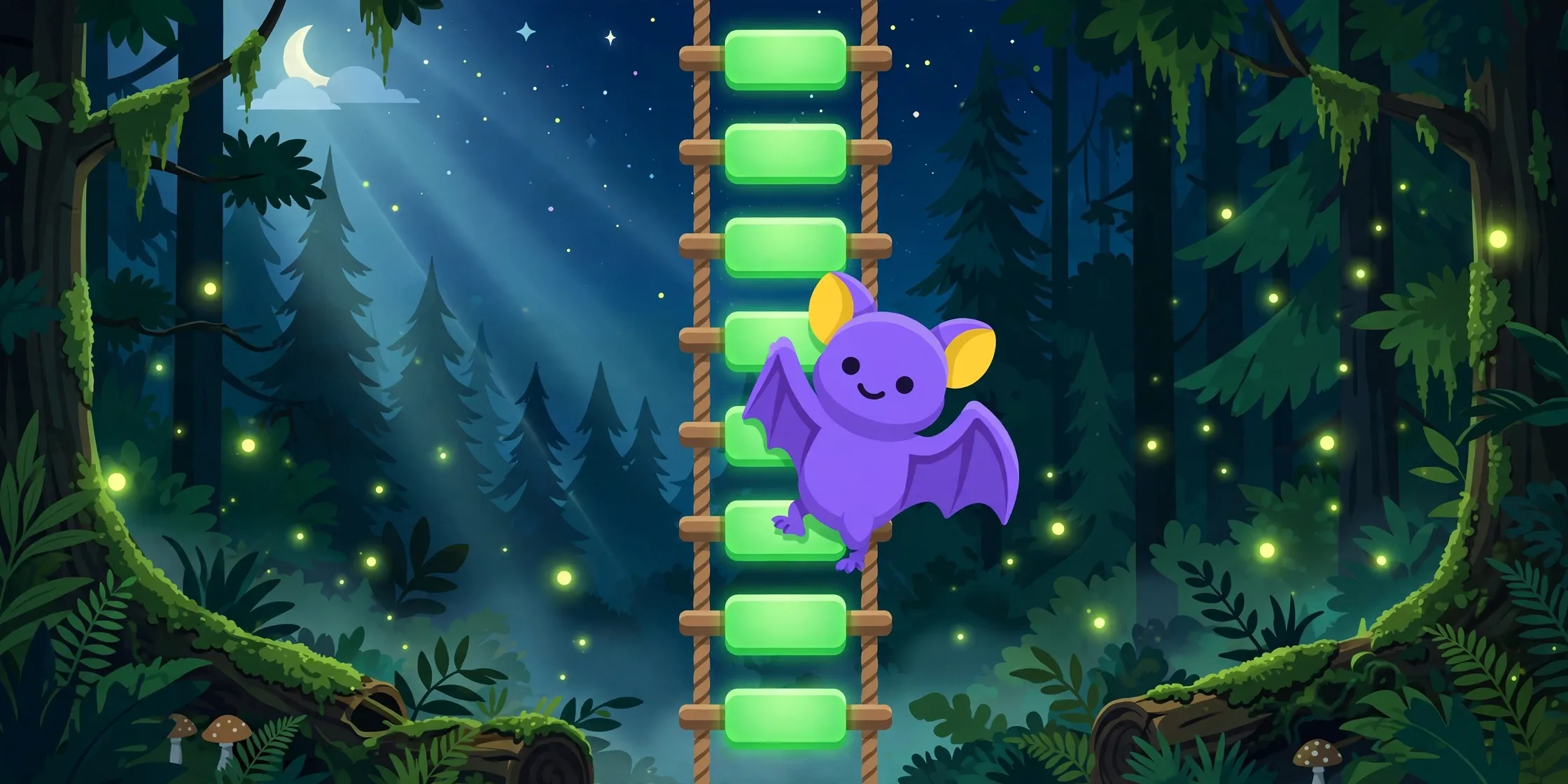 Pip the bat climbing a rope ladder at night