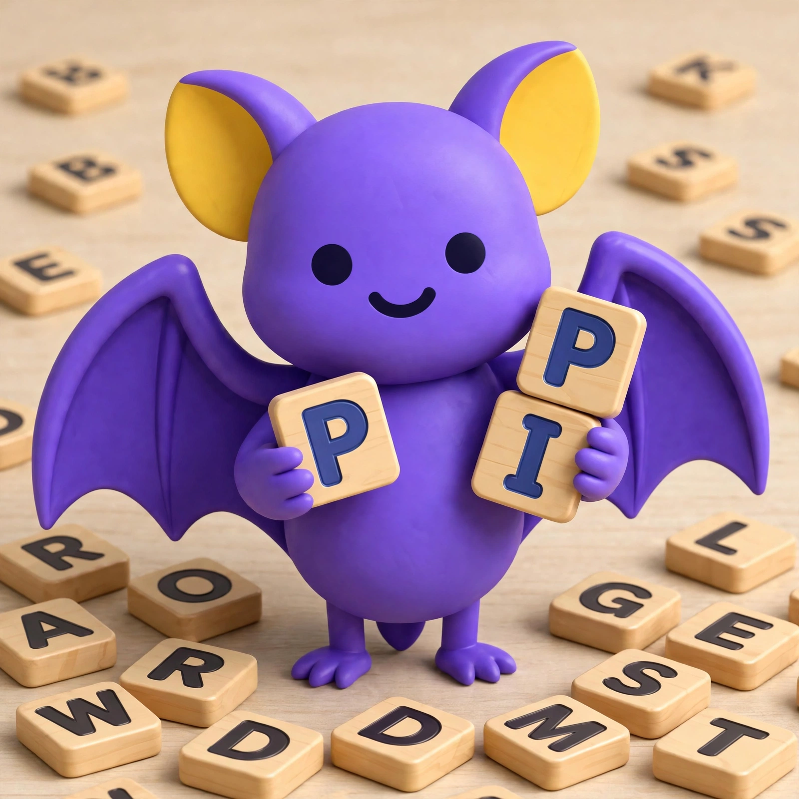 Pip the bat holding word game tiles